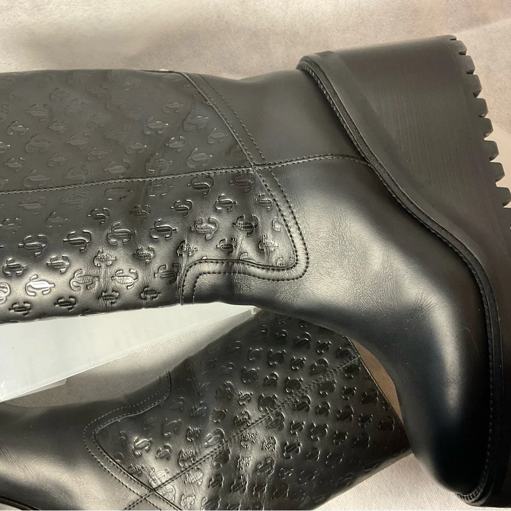 Jimmy Choo Monogram Embossed Leather Wedge Boots- Black- Barely Worn- Size 37.5 - Picture 4 of 14